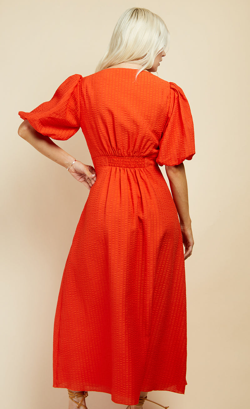 Orange Textured Puff Sleeve Midi Dress