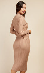 Camel Split Sleeve Rib Knit Midi Dress by Vogue Williams