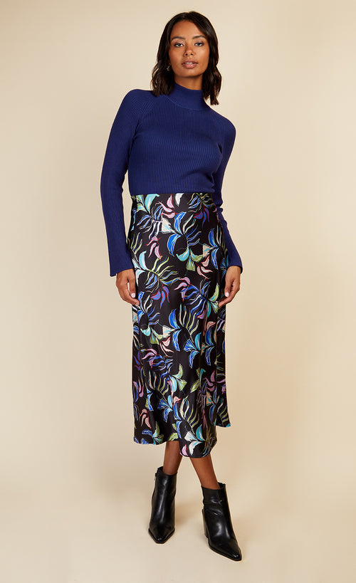 Leaf Print Satin Midi Slip Skirt by Vogue Williams