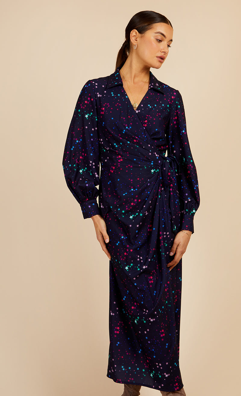 Navy Star Print Midaxi Mock Wrap Dress by Vogue Williams
