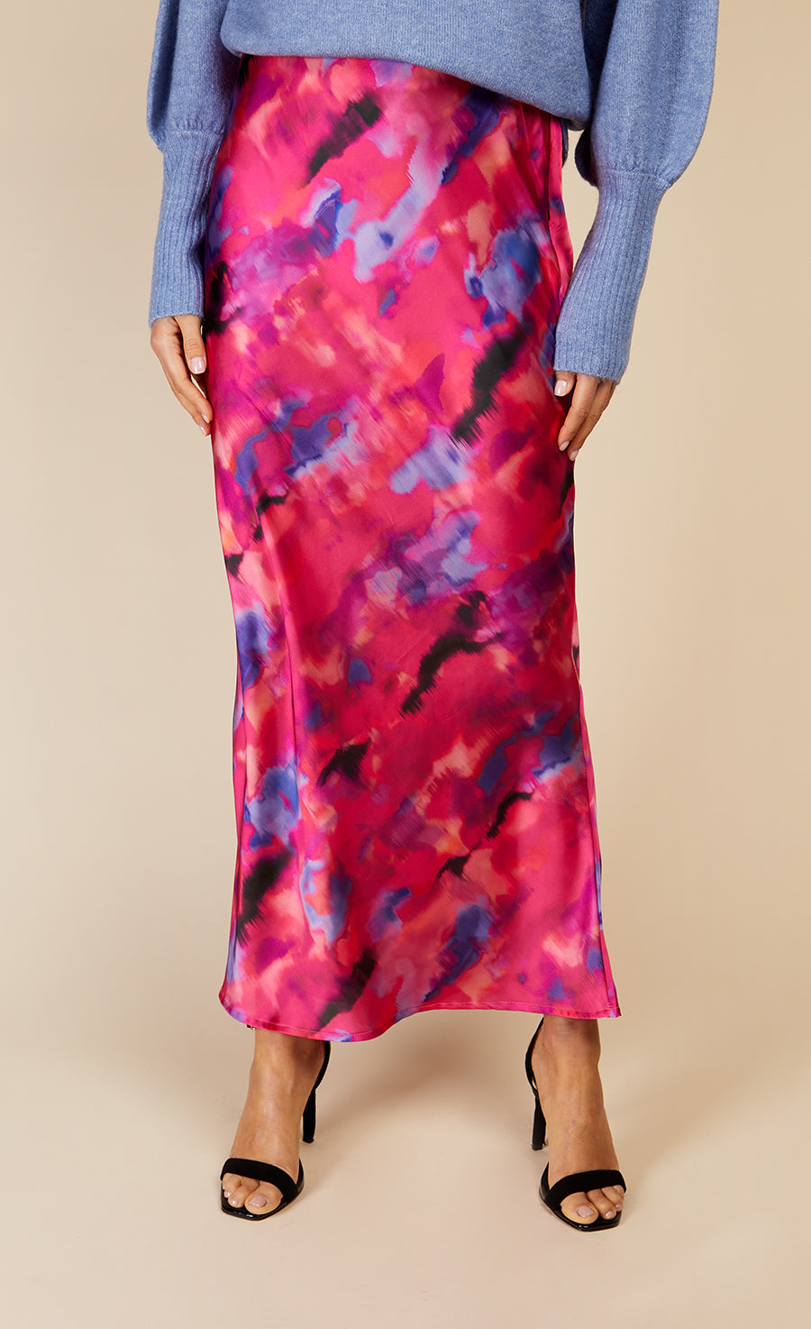 Watercolour Print Satin Midi Slip Skirt