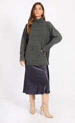 Grey Satin Midi Slip Skirt