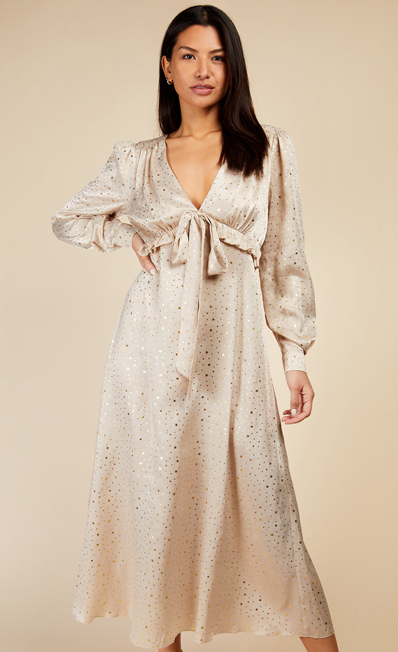 Oyster Gold Star Foil Print Midaxi Dress