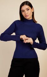 Navy Split Sleeve Rib Knit Top by Vogue Williams