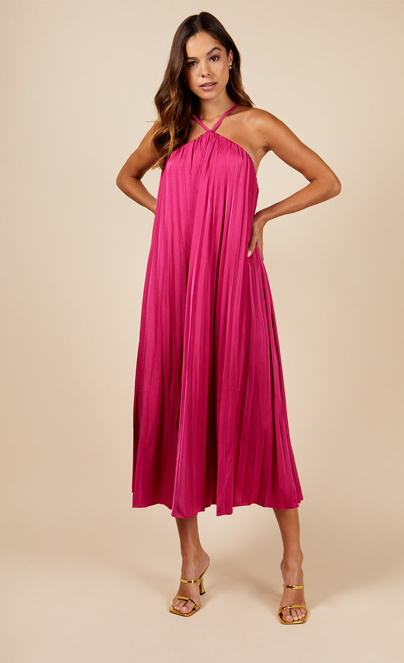 Pink Satin Pleated Midaxi Dress