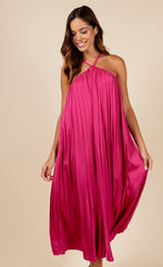 Pink Satin Pleated Midaxi Dress