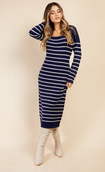 Navy Stripe Knit Midi Dress by Vogue Williams
