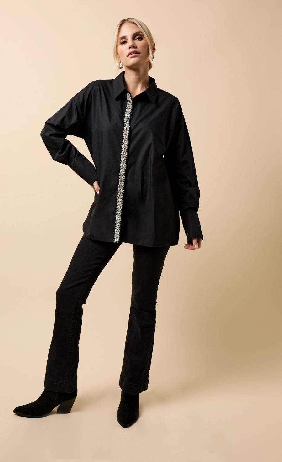 Chiara Black Embellished Trim Detail Shirt