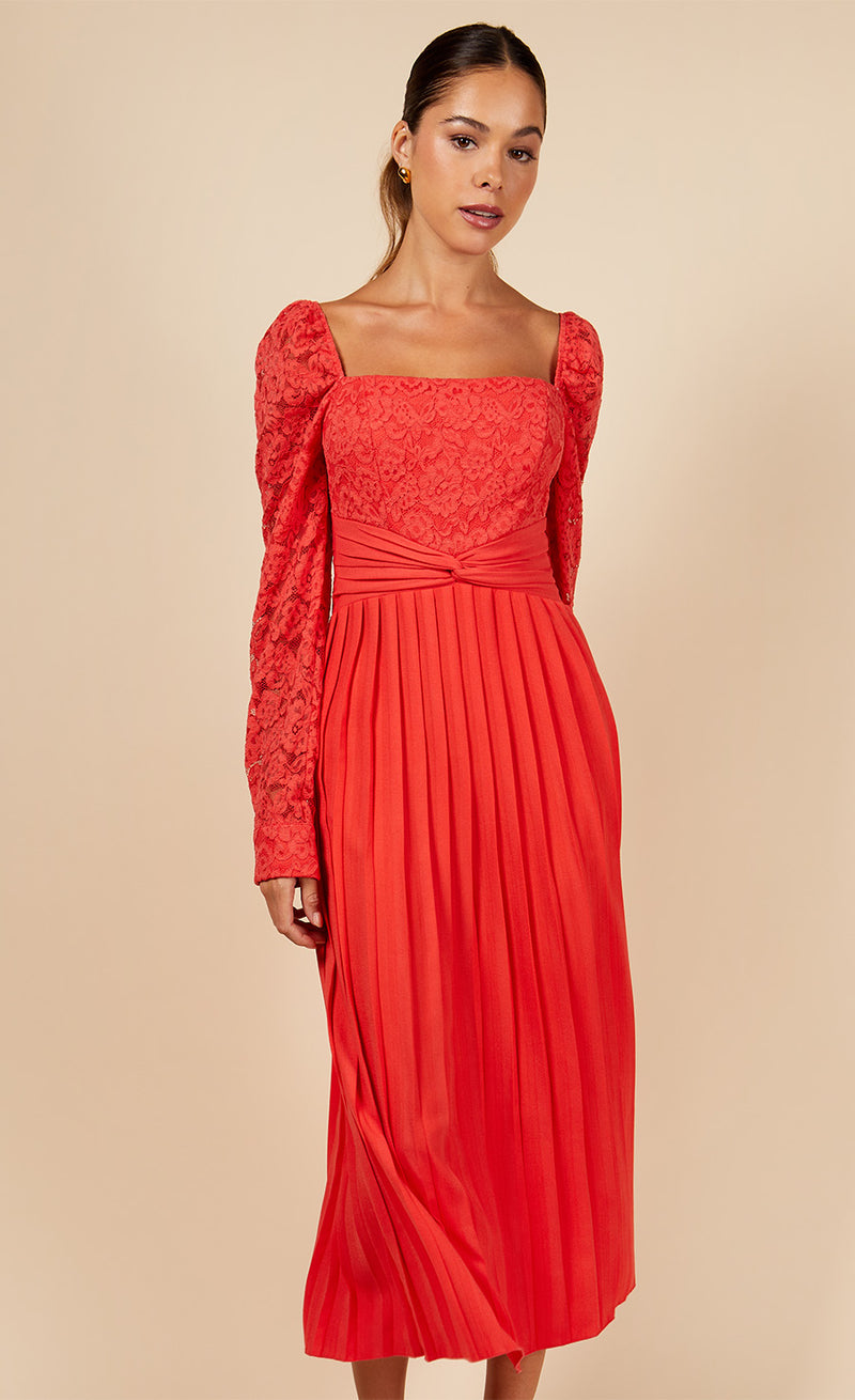 Coral Lace And Pleated Hem Midi Dress