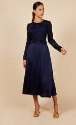 Navy Lace And Satin Belted Midaxi Dress