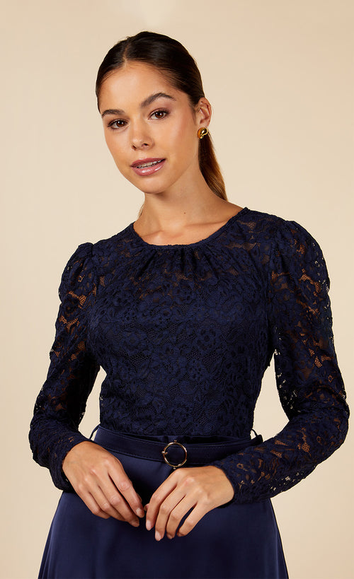 Navy Lace And Satin Belted Midaxi Dress