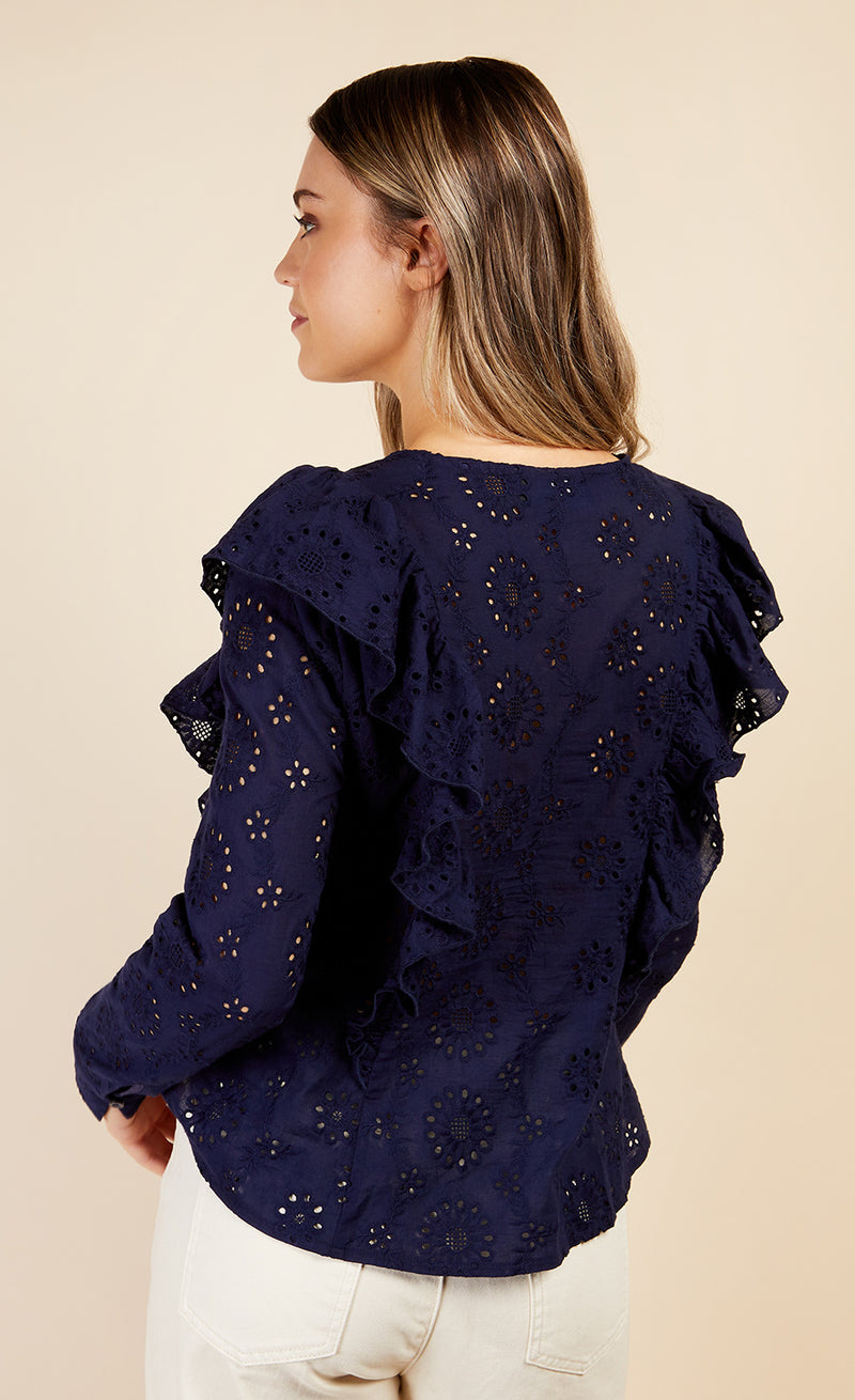 Navy Broderie Frill Top by Vogue Williams