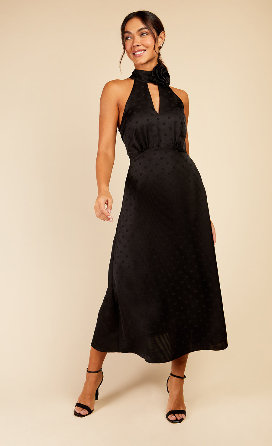 Black Spot Print Rosette Midaxi Dress Black Spot Print Rosette Midaxi Dress