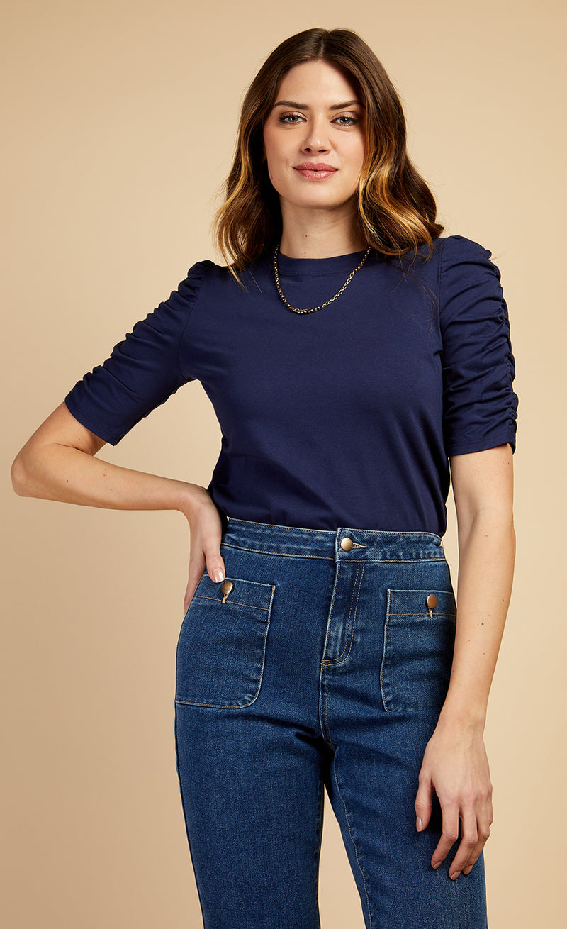 Navy Ruched Sleeve T-Shirt by Vogue Williams