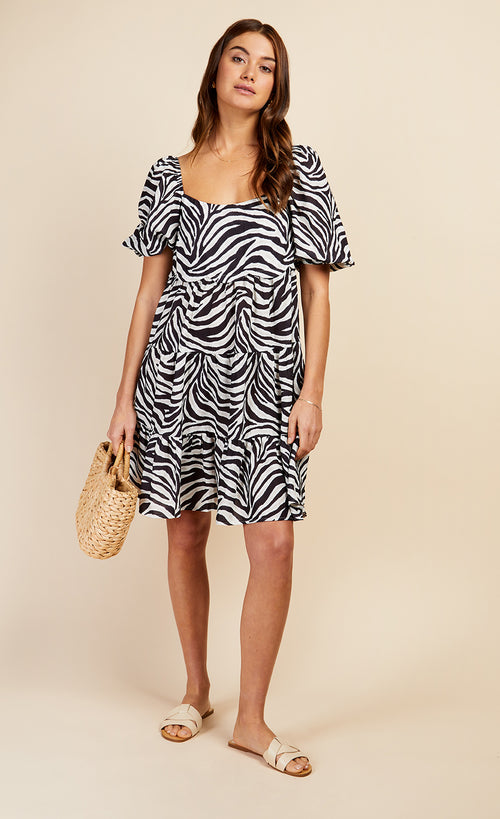 Zebra Print Tiered Mini Smock Dress by Vogue Williams