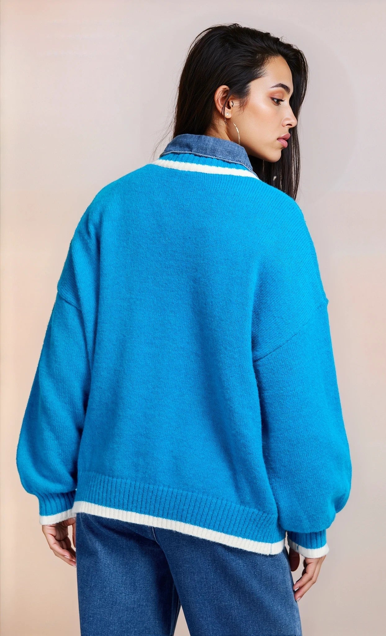 Azure Blue Contrast Knit Jumper