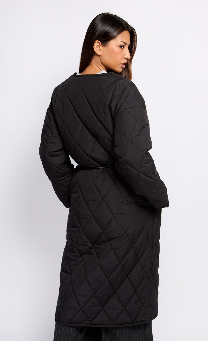 Black Quilted Belted Coat