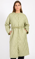 Khaki Quilted Belted Coat