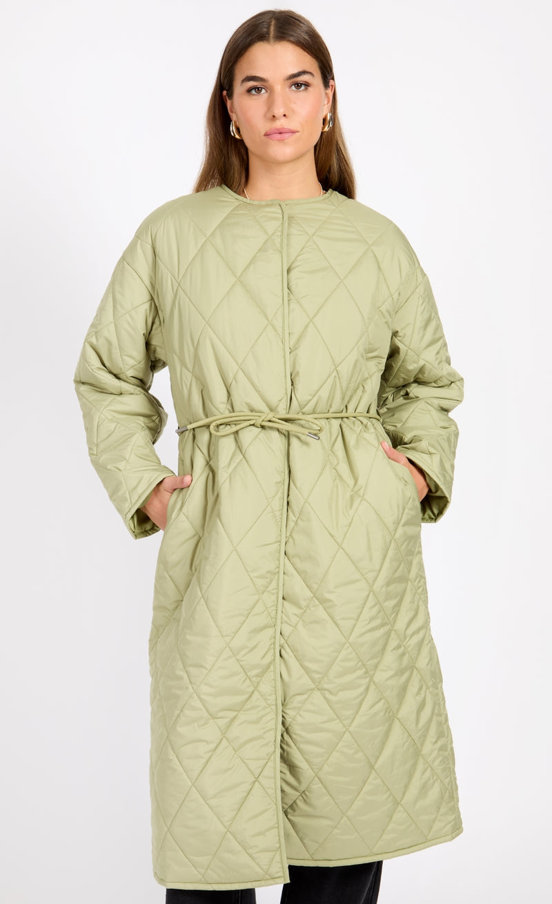 Khaki Quilted Belted Coat