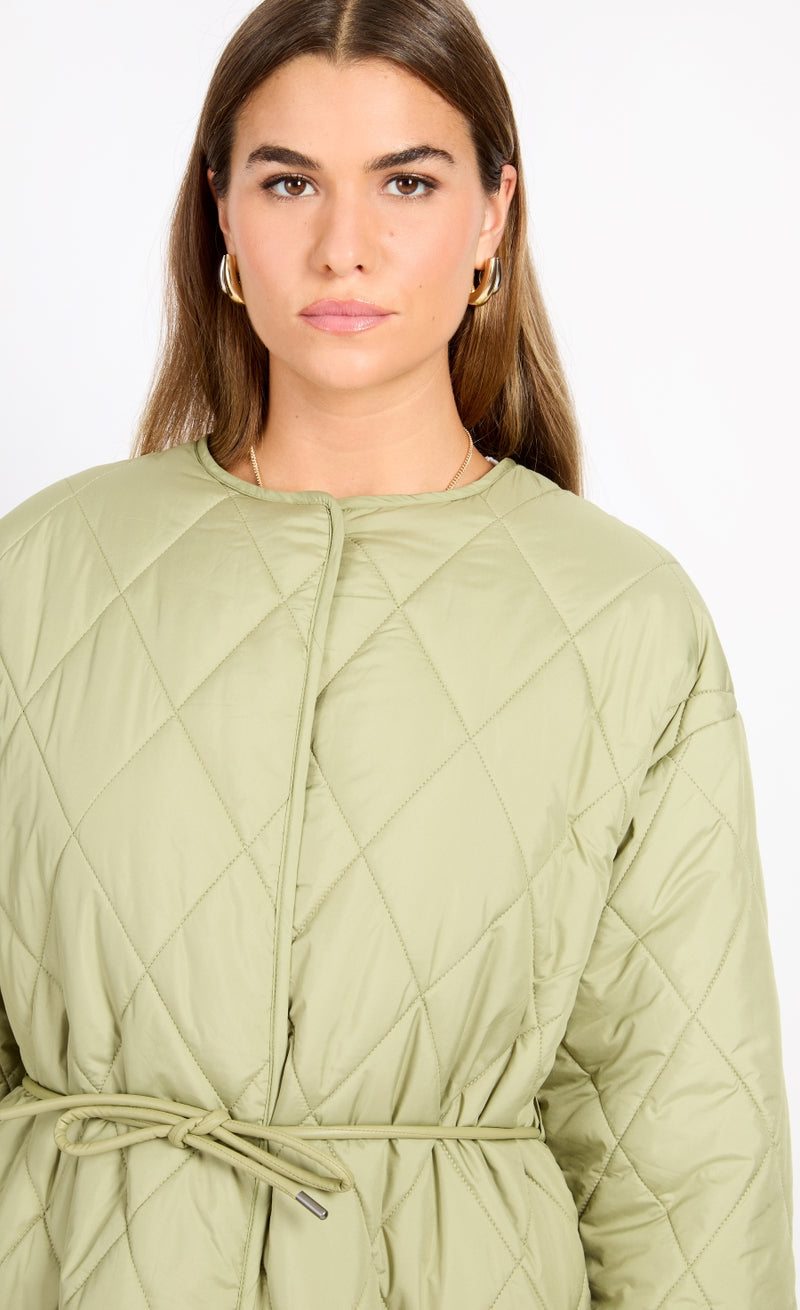 Khaki Quilted Belted Coat