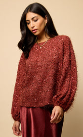 Mireille Cherry Sequin Eyelash Jumper, cozy cherry eyelash jumper with long sleeves and round neck, sparkly sequin details.