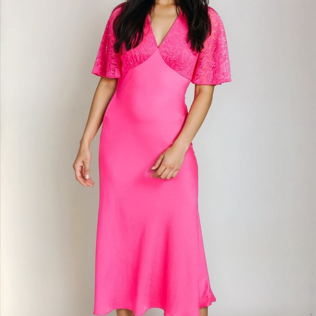 Pink Lace Satin Midi Dress