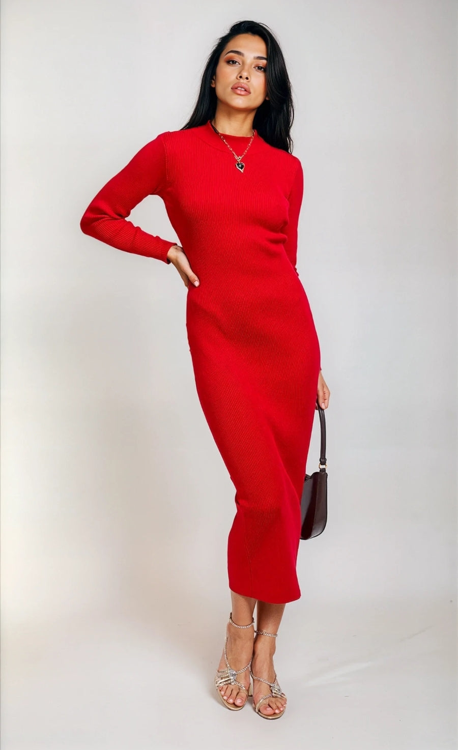 Red Rib Knit Midaxi Bodycon Dress
