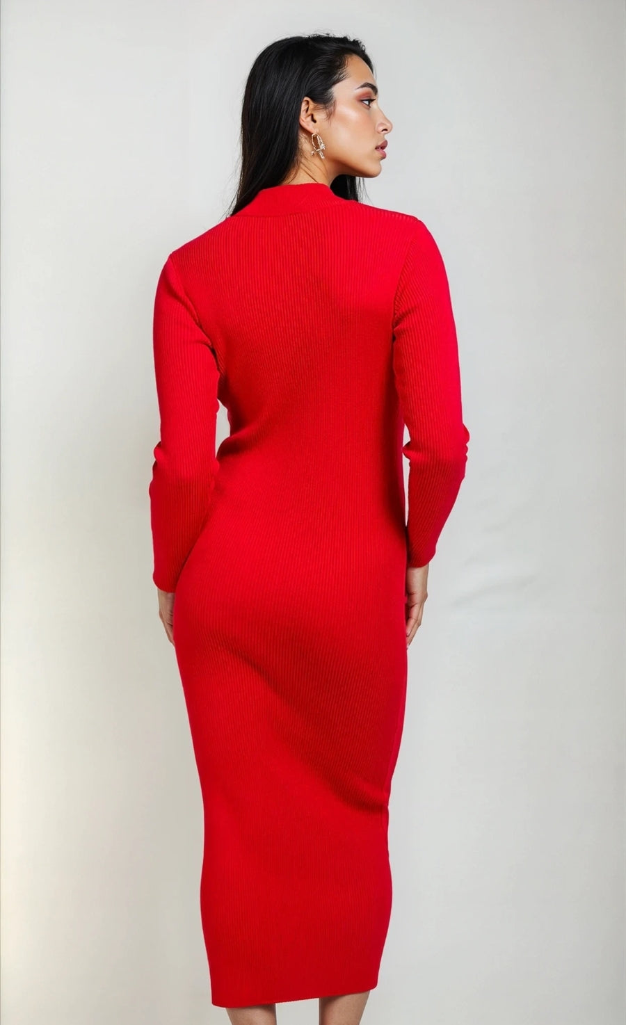 Red Rib Knit Midaxi Bodycon Dress