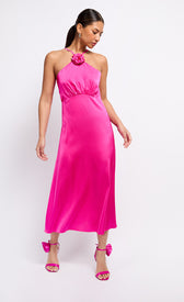 Pink Satin Corsage Neck Detail Midaxi DressDressesRosette DressLittle Mistress