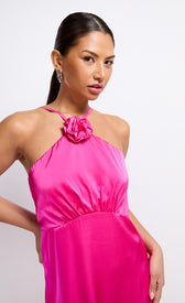 Pink Satin Corsage Neck Detail Midaxi DressDressesRosette DressLittle Mistress