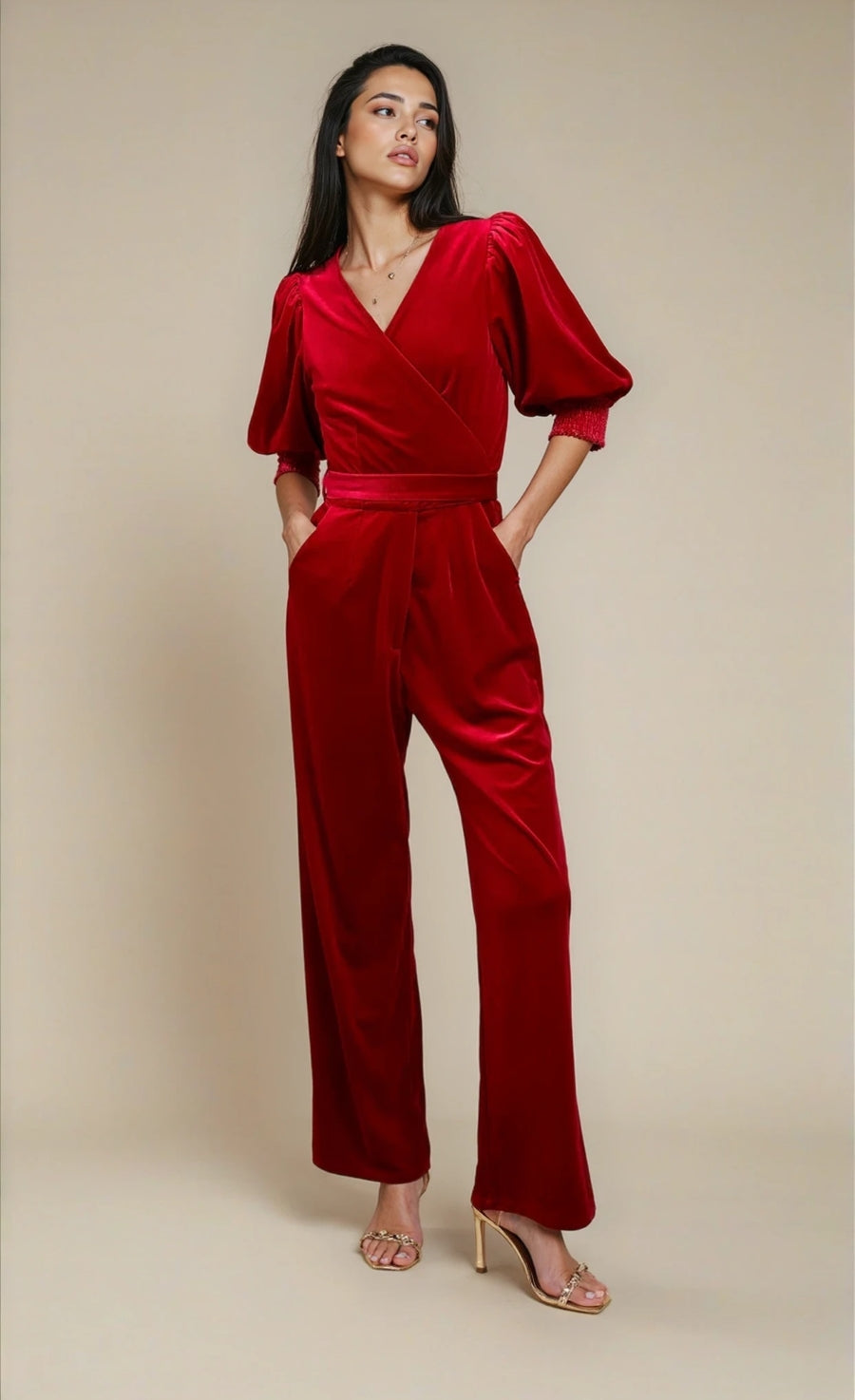 Ruby Red Velvet Wide Leg Jumpsuit by Vicky PattisonOne-PiecesVelvet JumpsuitLittle Mistress