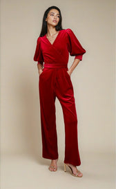 Ruby Red Velvet Wide Leg Jumpsuit by Vicky PattisonOne-PiecesVelvet JumpsuitLittle Mistress