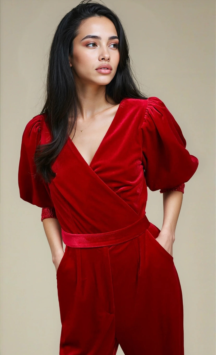 Ruby Red Velvet Wide Leg Jumpsuit by Vicky Pattison