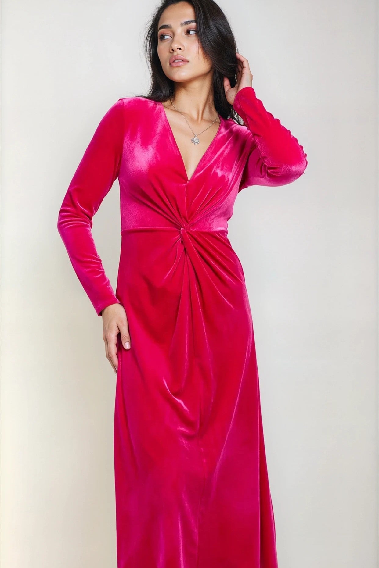 Pink Velvet Knot Detail Midaxi Dress