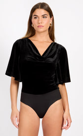 Black Velvet Draped BodysuitBodysuitsBodysuitLittle Mistress