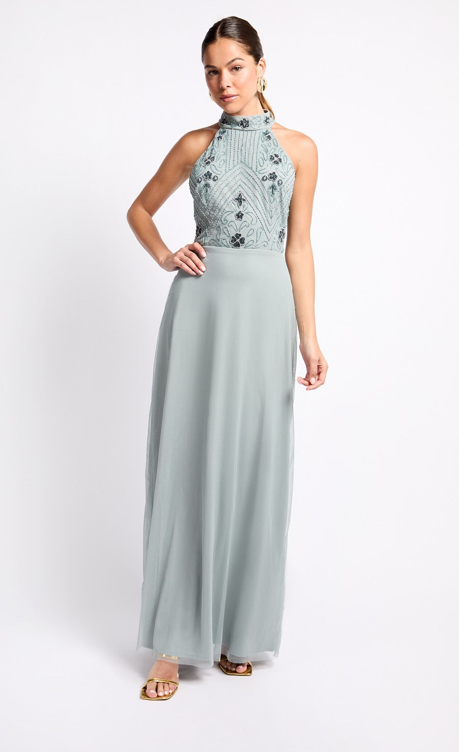 Grey Embellished High Neck Maxi Dress Grey Embellished High Neck Maxi Dress