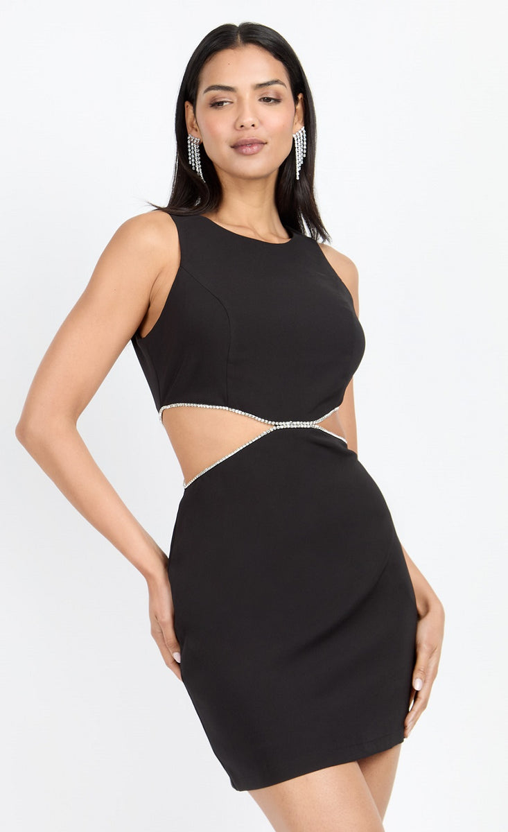 black diamante strap cutout mini dress Heiress Beverly Hills Diamante Strap Mesh Cutout Mini Dress Black Large