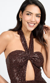 Chocolate Brown Sequin Cut-Out Midi Dress by Chloe LewisDressesSequin DressLittle Mistress