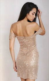 Gold Sequin Draped Bardot Mini Dress by Chloe LewisDressesMini DressLittle Mistress