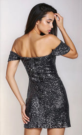 Black Sequin Draped Bardot Mini Dress – Chloe Lewis EditDressesMini DressLittle Mistress