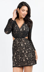 Black Lace Cut-Out Mini Dress by Chloe Lewis