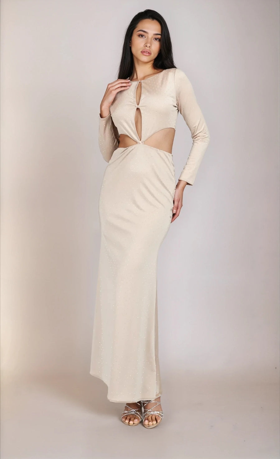 Mink Embellished Maxi Dress – Elegant Gown by Chloe Lewis