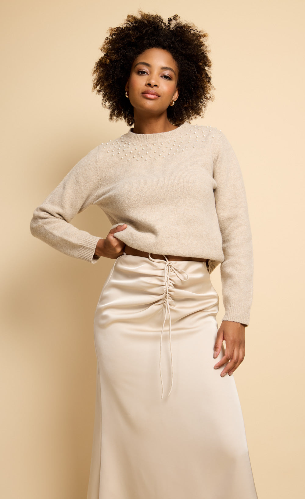 Floriane Champagne Gathered Detail Satin Midaxi Skirt