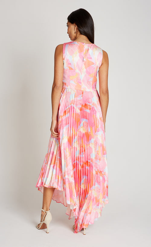 Pink Print Satin Pleated Midaxi Dress