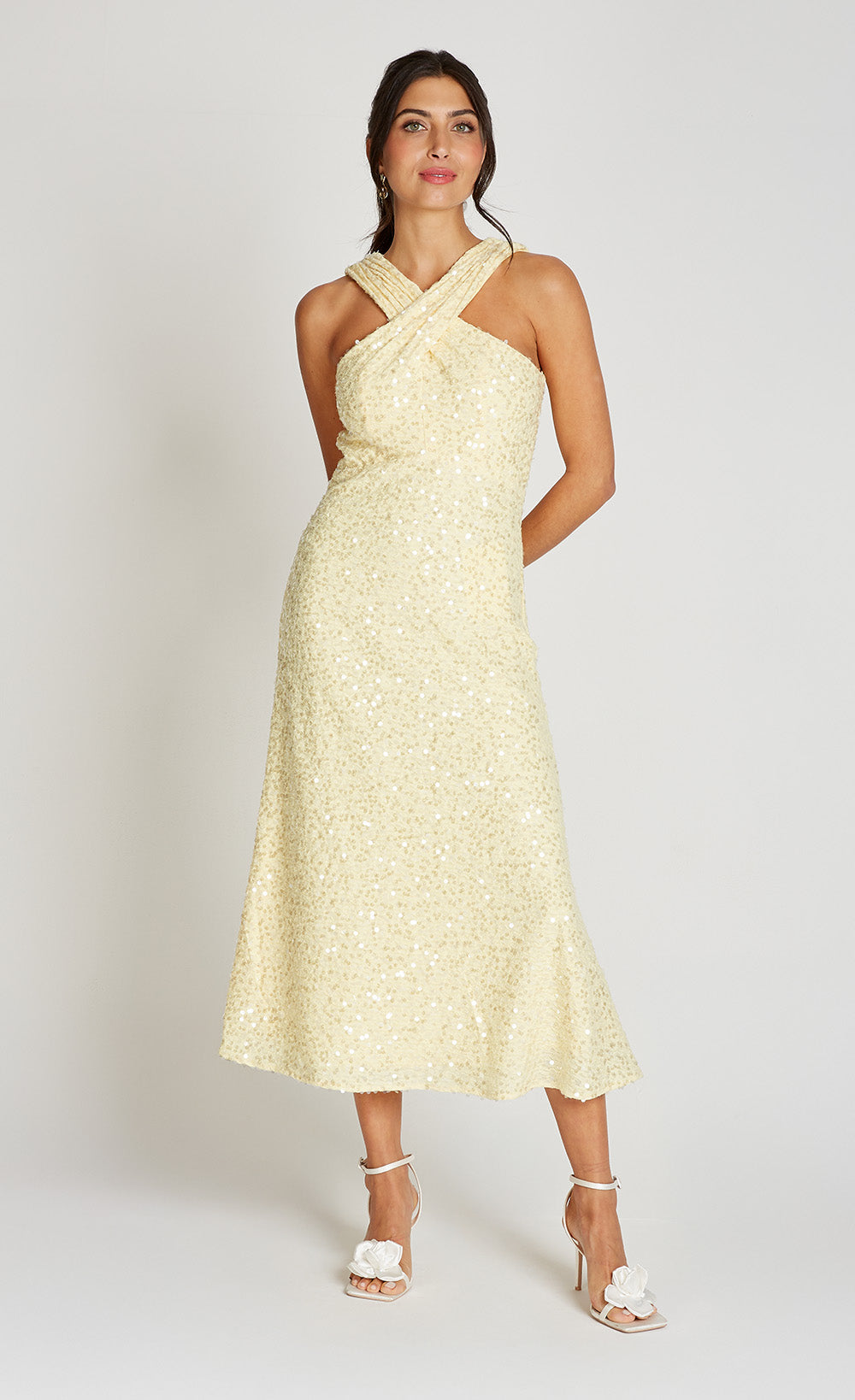 Diora Lemon Sequin Waffle Cross Neck Midaxi Dress Diora Lemon Sequin Waffle Cross Neck Midaxi Dress