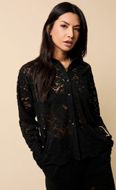 Micaela Black Lace Shirt featuring turn-down collar, long sleeves, and a regular fit for a stylish look.