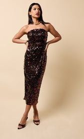 Meliora Multi Sequin Bandeau Midaxi Dress in dazzling multi-colored sequins, perfect for parties and celebrations.
