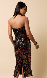 Meliora Multi Sequin Bandeau Midaxi Dress showcasing back view with colorful sequins and stylish slit.