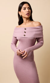 Ondine Mink Knitted Bardot Midaxi Dress on a model, featuring off-shoulder neckline and fitted silhouette.