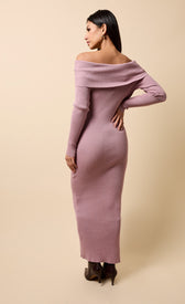 Model wearing Ondine Mink Knitted Bardot Midaxi Dress, showcasing its elegant off-shoulder design and fitted silhouette.